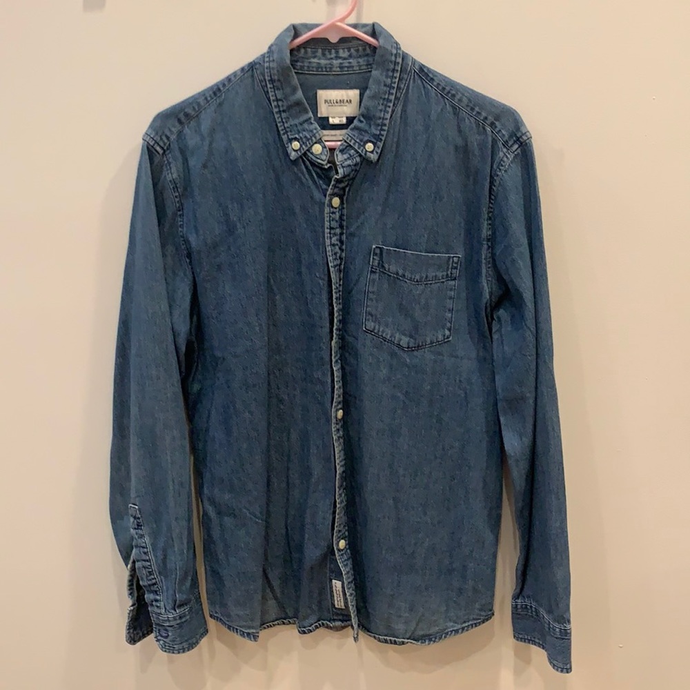 Pull & Bear blue denim button down shirt.